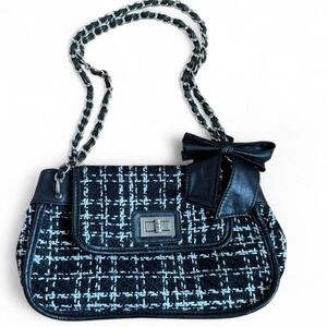 Vintage Y2K ALDO Black White Tweed Chain Strap Bow Shoulder Bag Academia